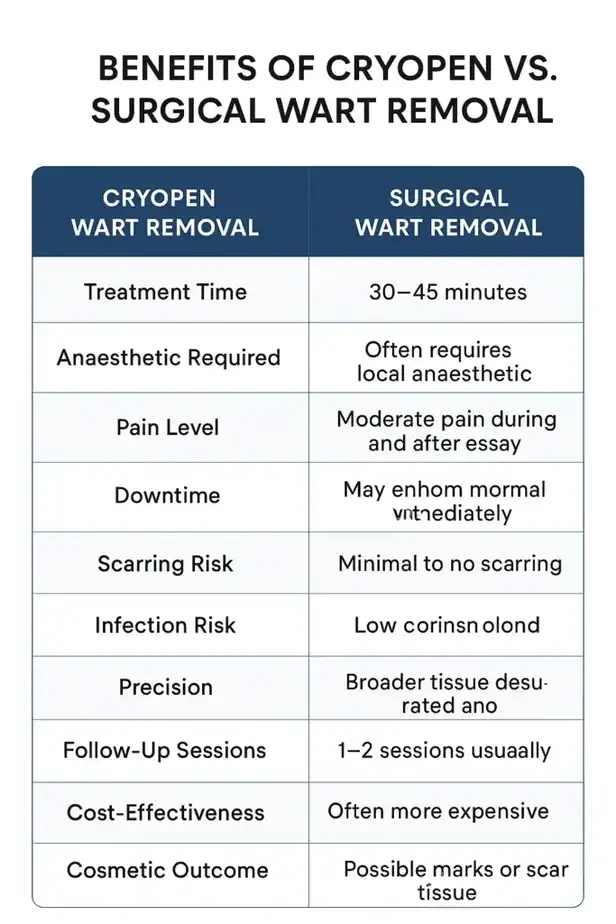 Table showing the benefits of cryopen to remove warts Old Trafford compared to surgical treatment